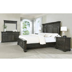 Dark Walnut Finish Wood Panel Bed, Dresser, Mirror, Two Nightstands