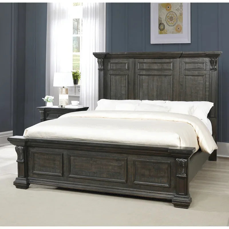 Dark Walnut Finish Wood Panel Bed, Dresser, Mirror, Two Nightstands
