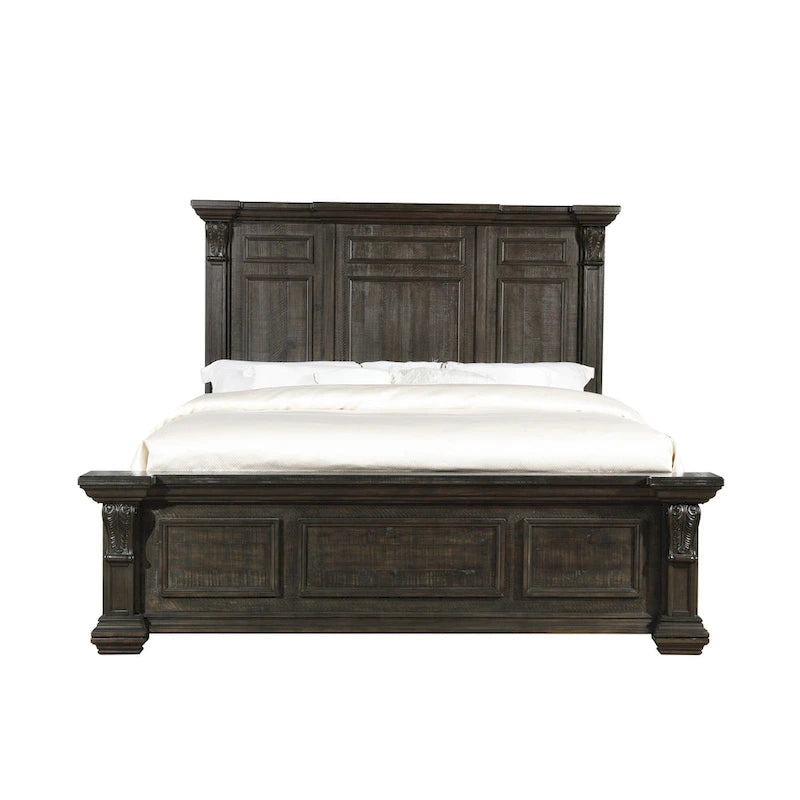 Dark Walnut Finish Wood Panel Bed, Dresser, Mirror, Two Nightstands
