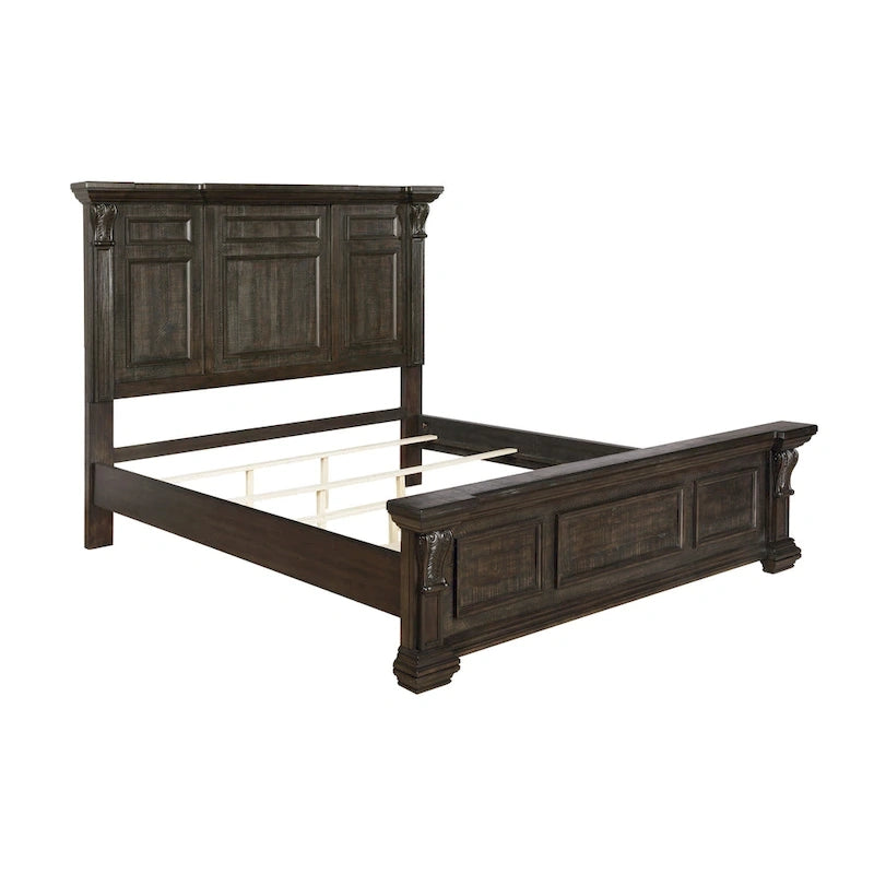 Dark Walnut Finish Wood Panel Bed, Dresser, Mirror, Two Nightstands