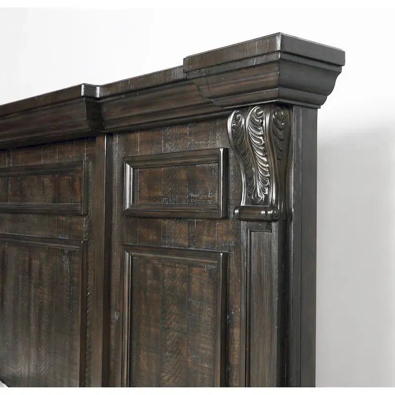 Dark Walnut Finish Wood Panel Bed, Dresser, Mirror, Two Nightstands