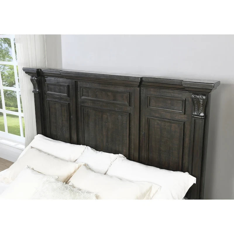 Dark Walnut Finish Wood Panel Bed, Dresser, Mirror, Two Nightstands