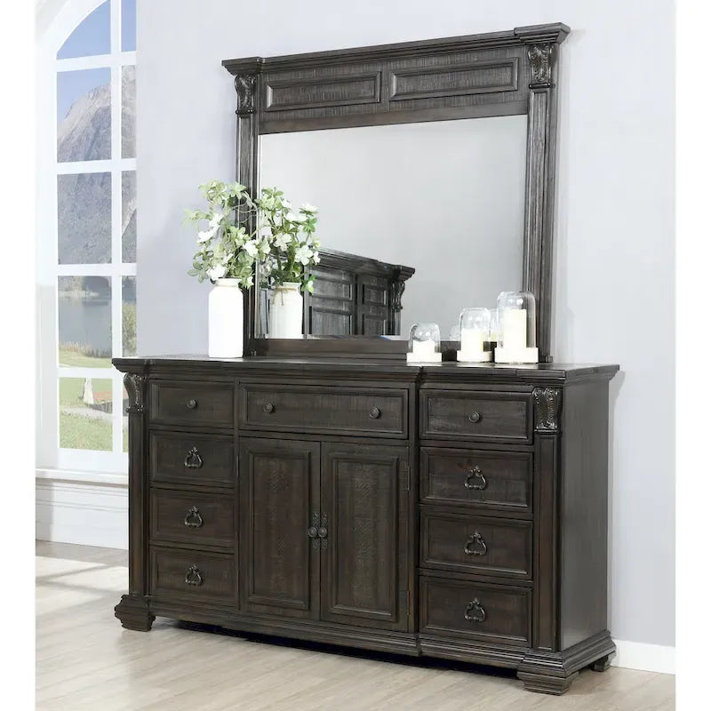 Dark Walnut Finish Wood Panel Bed, Dresser, Mirror, Two Nightstands