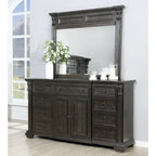 Dark Walnut Finish Wood Panel Bed, Dresser, Mirror, Two Nightstands