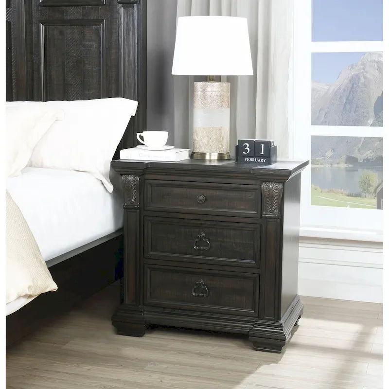 Dark Walnut Finish Wood Panel Bed, Dresser, Mirror, Two Nightstands