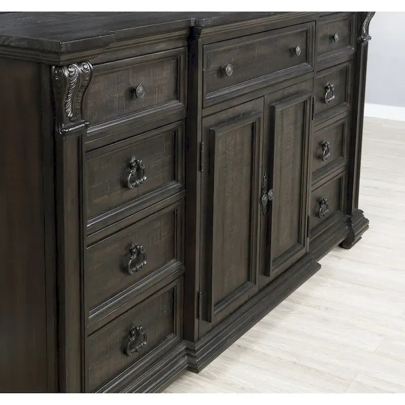 Dark Walnut Finish Wood Panel Bed, Dresser, Mirror, Two Nightstands