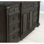 Dark Walnut Finish Wood Panel Bed, Dresser, Mirror, Two Nightstands