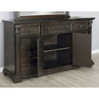 Dark Walnut Finish Wood Panel Bed, Dresser, Mirror, Two Nightstands