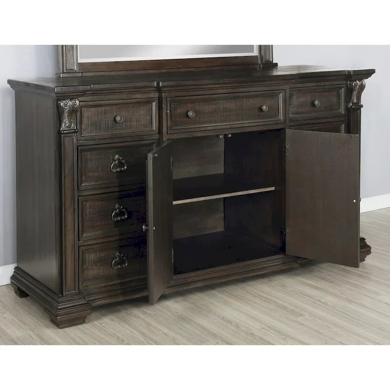 Dark Walnut Finish Wood Panel Bed, Dresser, Mirror, Two Nightstands