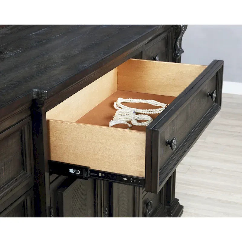 Dark Walnut Finish Wood Panel Bed, Dresser, Mirror, Two Nightstands