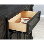 Dark Walnut Finish Wood Panel Bed, Dresser, Mirror, Two Nightstands