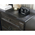 Dark Walnut Finish Wood Panel Bed, Dresser, Mirror, Two Nightstands
