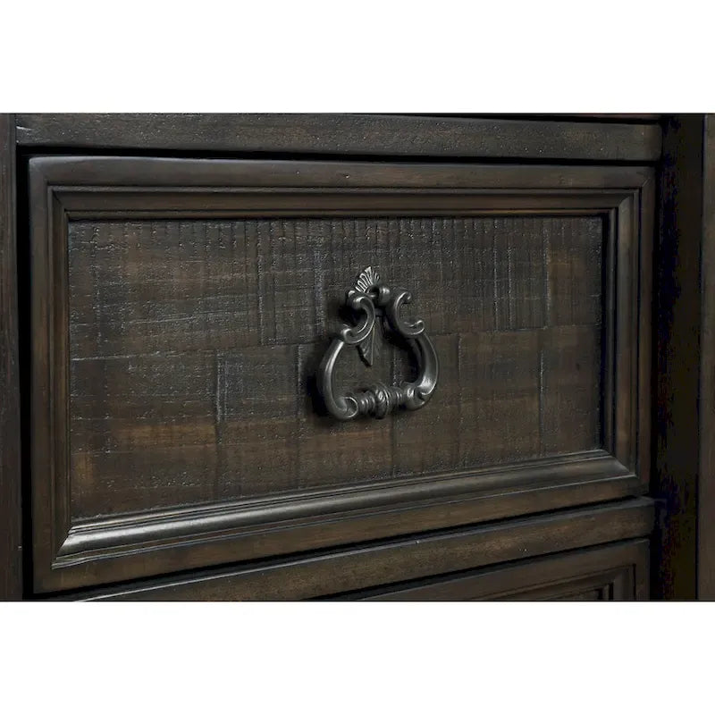 Dark Walnut Finish Wood Panel Bed, Dresser, Mirror, Two Nightstands