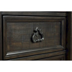 Dark Walnut Finish Wood Panel Bed, Dresser, Mirror, Two Nightstands