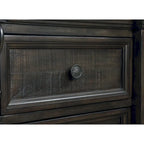 Dark Walnut Finish Wood Panel Bed, Dresser, Mirror, Two Nightstands
