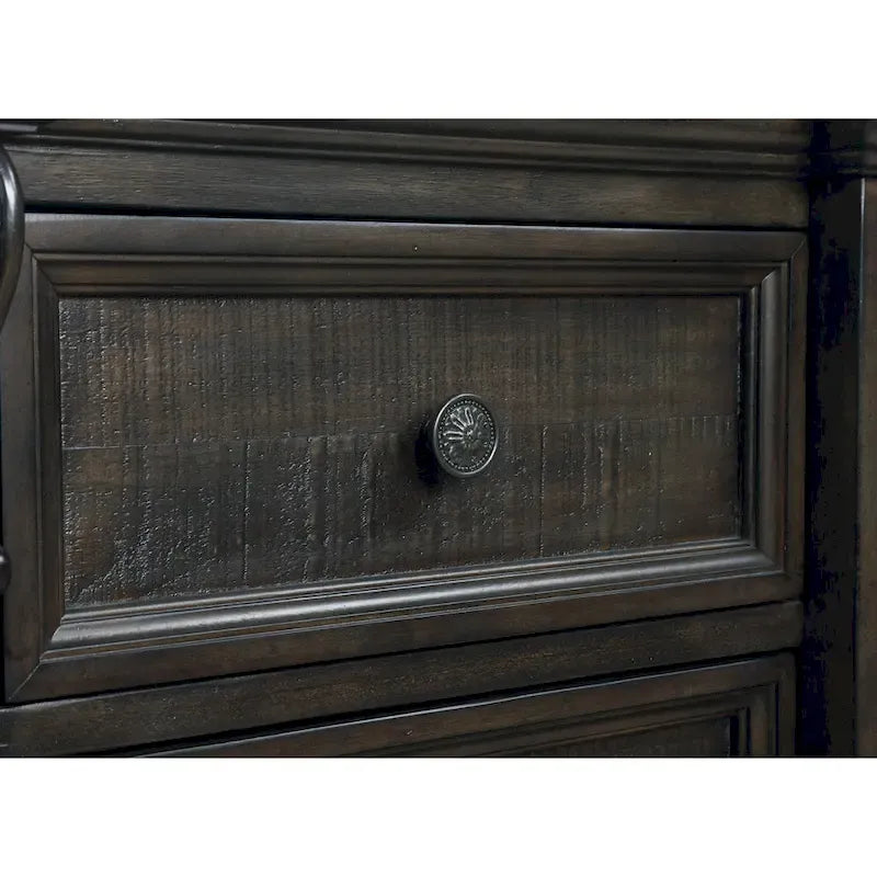 Dark Walnut Finish Wood Panel Bed, Dresser, Mirror, Two Nightstands