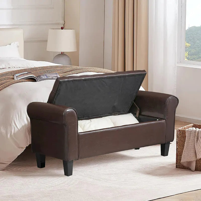 Storage Ottoman Bench Leather Upholstered Ottoman with Arm