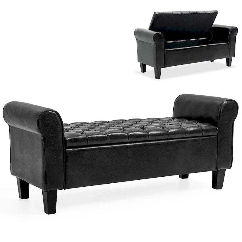 Storage Ottoman Bench Leather Upholstered Ottoman with Arm