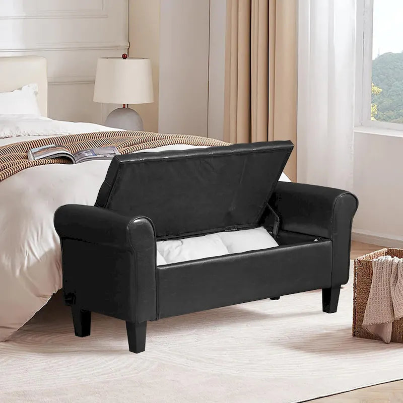 Storage Ottoman Bench Leather Upholstered Ottoman with Arm