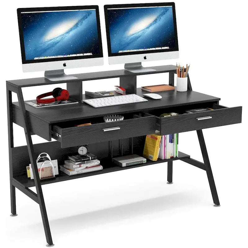 Computertisch mit 2 Schubladen und Ablagen, Schreibtisch mit Monitorständer