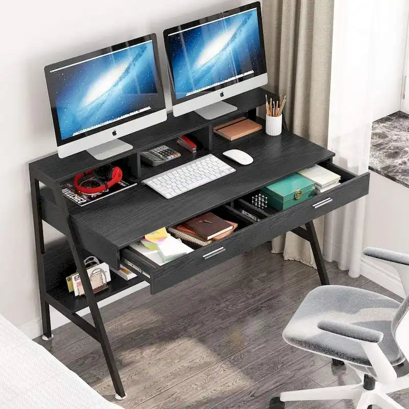 Escritorio para computadora con 2 cajones y estantes de almacenamiento, escritorio de oficina con soporte para monitor