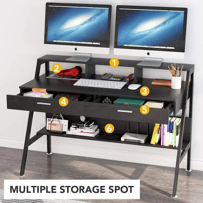 Escritorio para computadora con 2 cajones y estantes de almacenamiento, escritorio de oficina con soporte para monitor