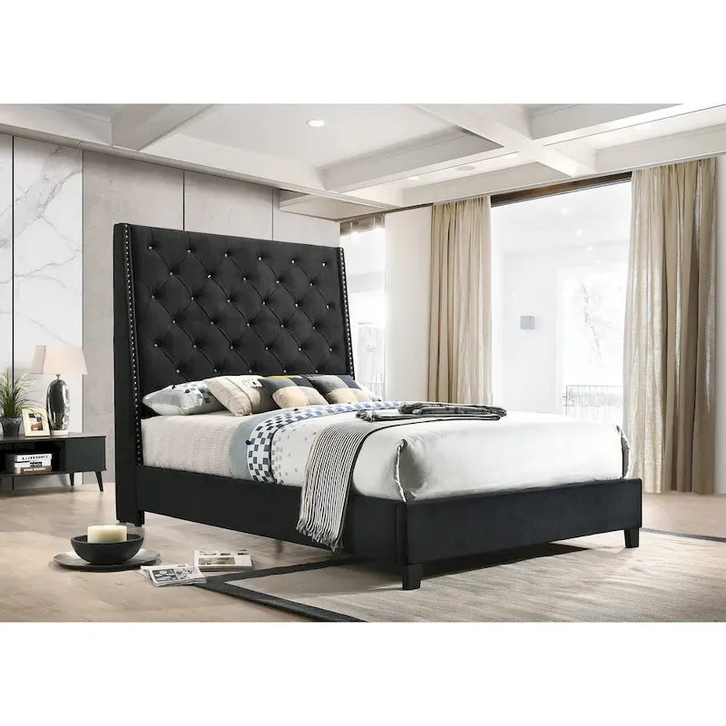 Marillin Black Velvet Upholstered Tufted Bed