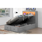 Holz-Hydraulikbett mit Stauraum, LED-Kopfteil, Ladestation und 2 Schubladen, Grau