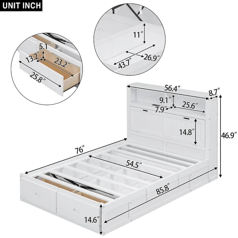 Holz-Hydraulikbett mit Stauraum, LED-Kopfteil, Ladestation und 2 Schubladen, Grau