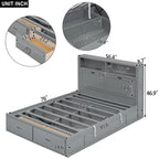 Holz-Hydraulikbett mit Stauraum, LED-Kopfteil, Ladestation und 2 Schubladen, Grau