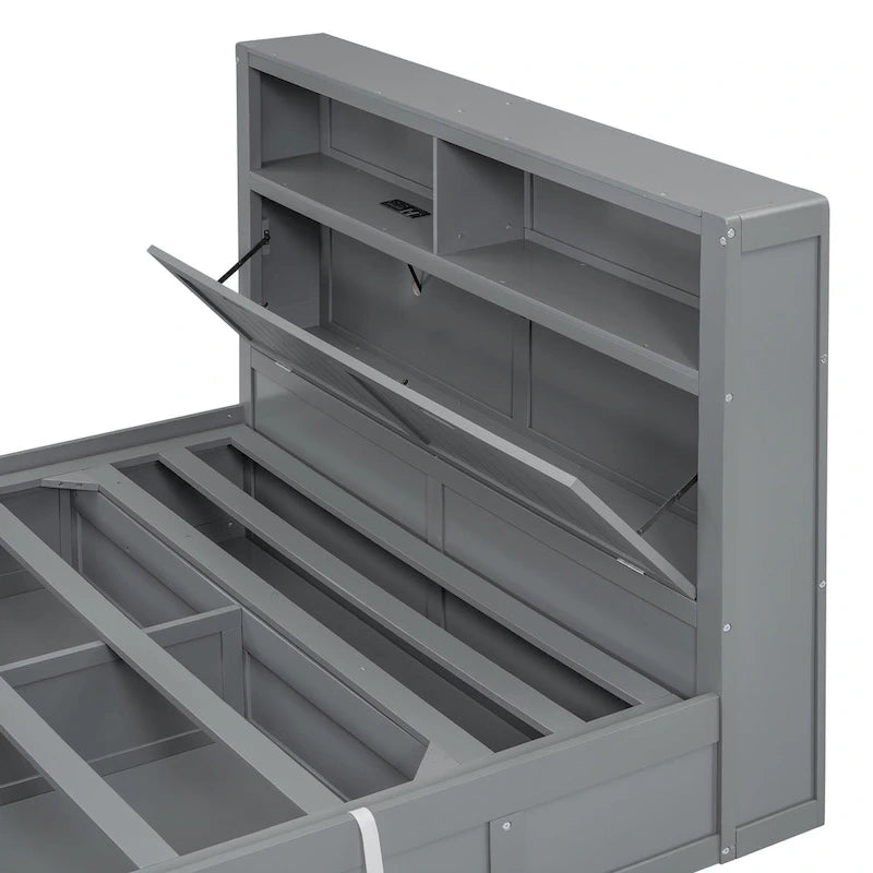 Holz-Hydraulikbett mit Stauraum, LED-Kopfteil, Ladestation und 2 Schubladen, Grau
