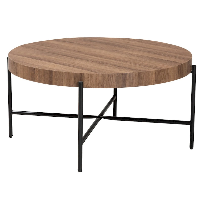 Industrial Walnut Brown Finished Wood and Black Metal Coffee Table