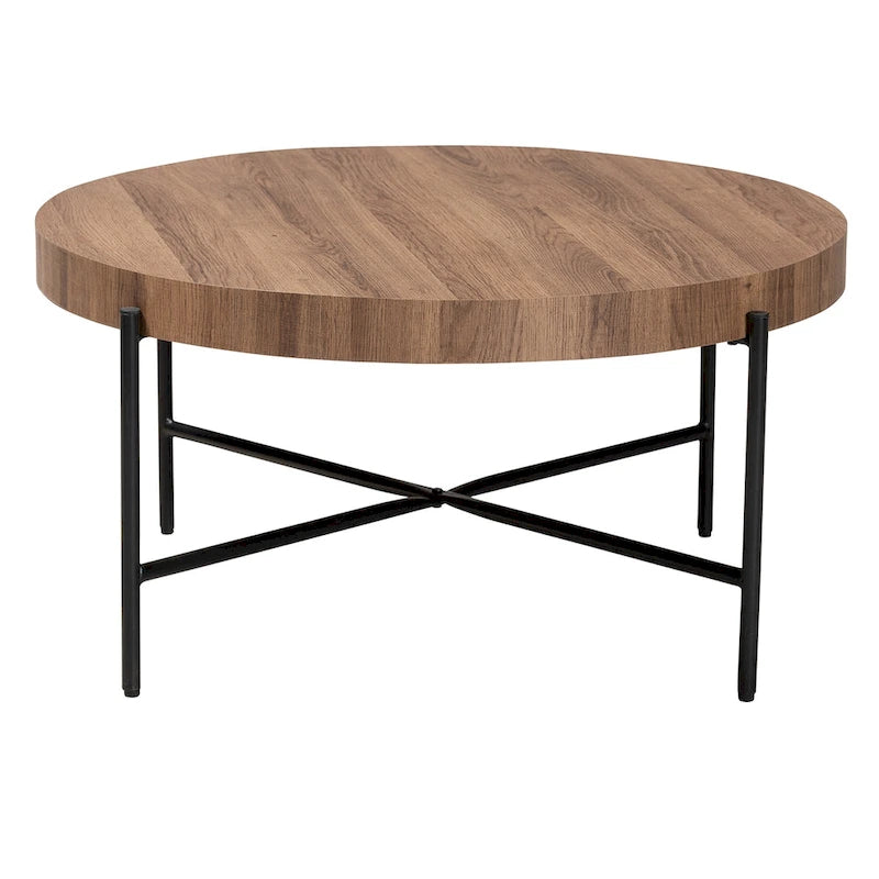 Industrial Walnut Brown Finished Wood and Black Metal Coffee Table