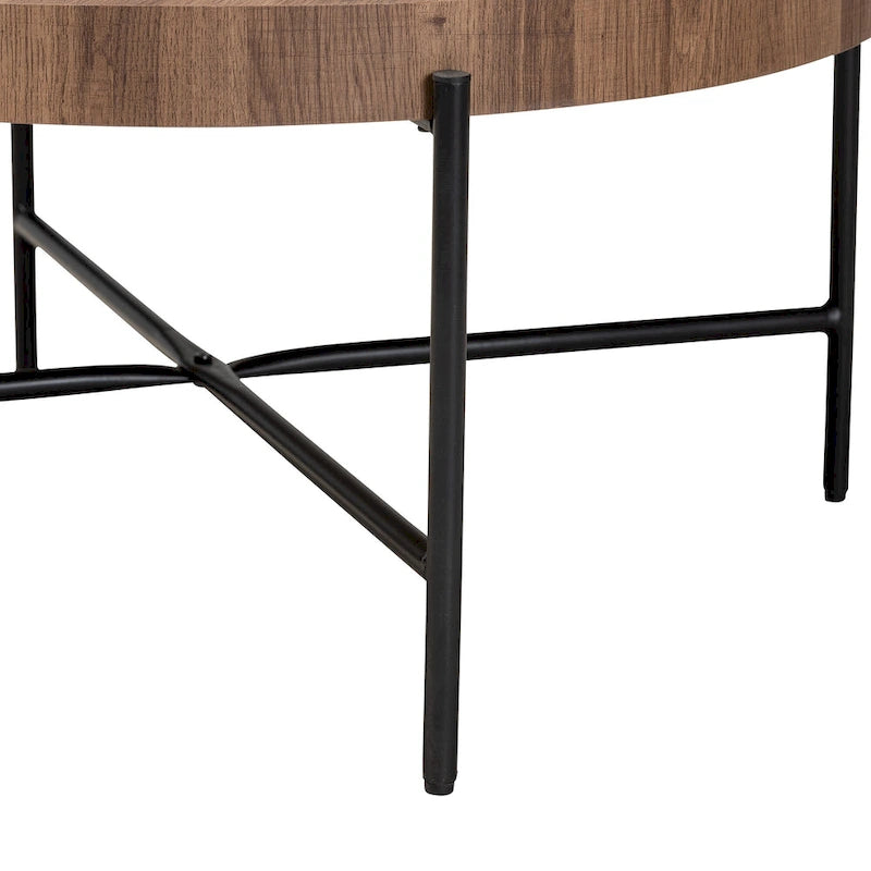 Industrial Walnut Brown Finished Wood and Black Metal Coffee Table