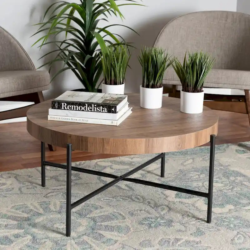 Industrial Walnut Brown Finished Wood and Black Metal Coffee Table