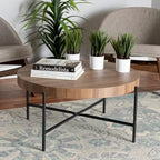 Industrial Walnut Brown Finished Wood and Black Metal Coffee Table