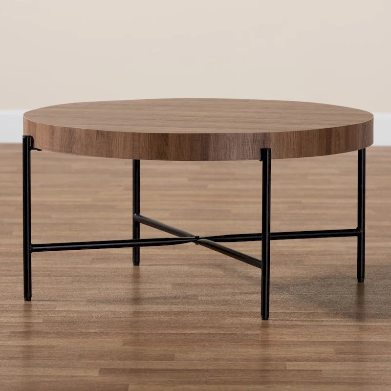 Industrial Walnut Brown Finished Wood and Black Metal Coffee Table