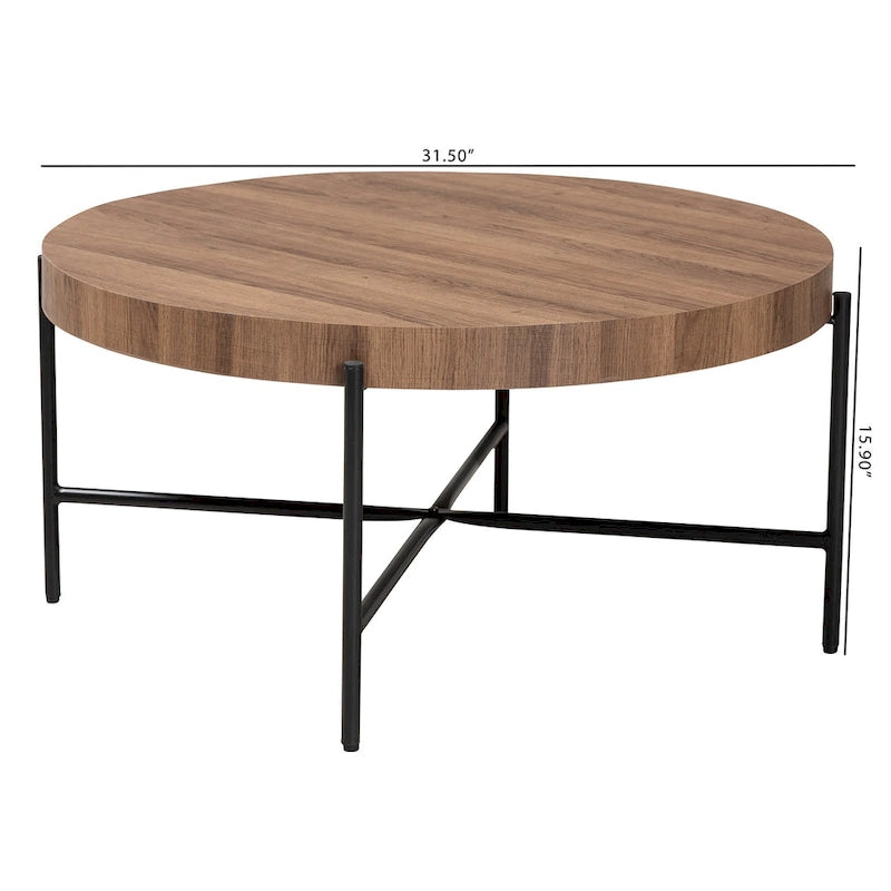Industrial Walnut Brown Finished Wood and Black Metal Coffee Table