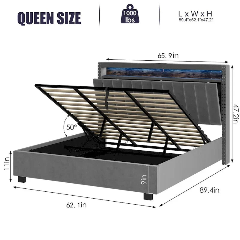 Letto con testiera contenitore a gas con luci LED - Misura
