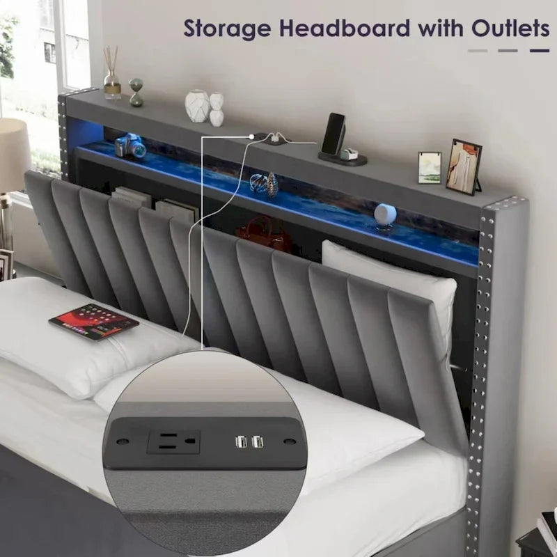 Letto con testiera contenitore a gas con luci LED - Misura