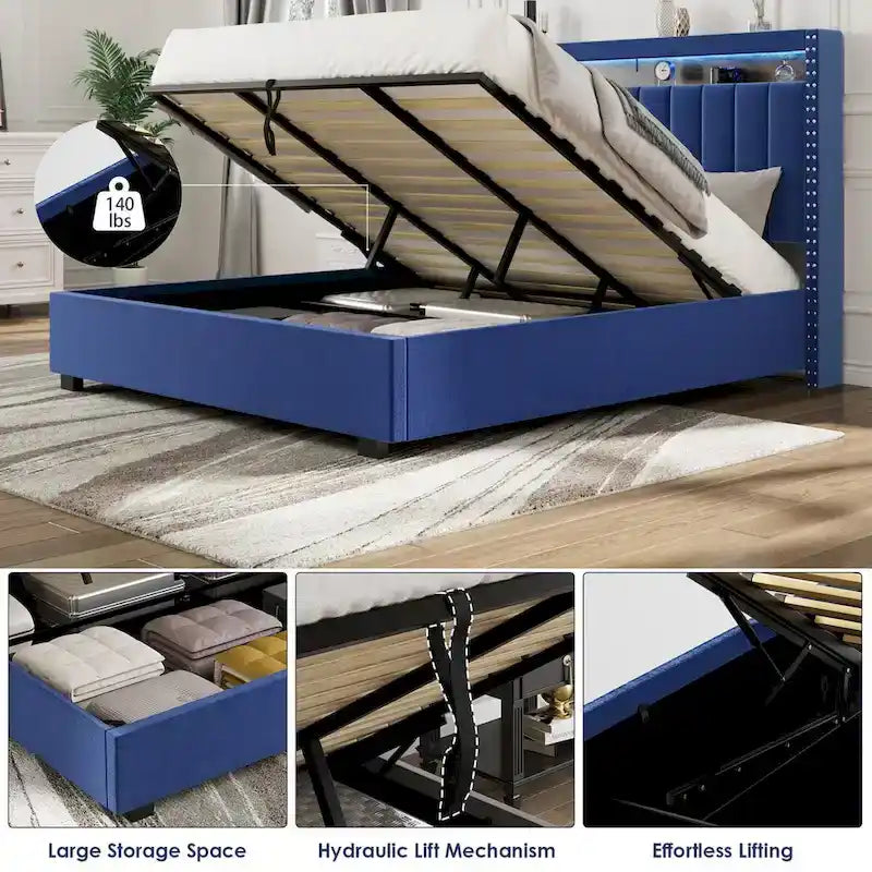 Letto con testiera contenitore a gas con luci LED - Misura
