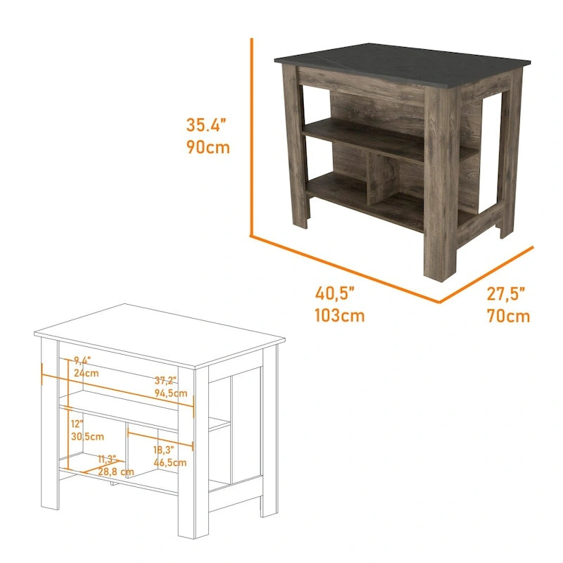 40,5 Zoll breiter Kücheninsel-Esstisch aus Holz mit 3 Ablagen