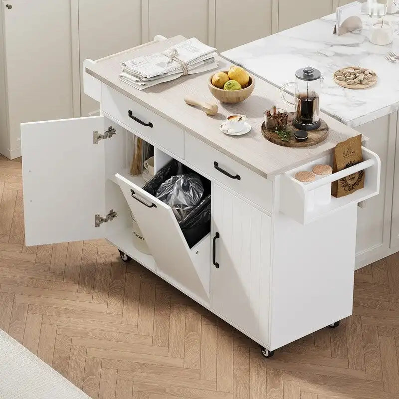Isola cucina con ruote e cestino dei rifiuti, carrello da cucina con anta a ribalta, ripiano regolabile
