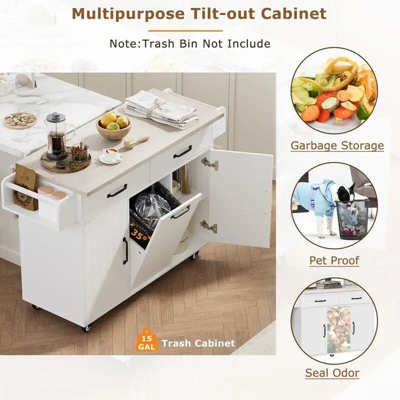 Isola cucina con ruote e cestino dei rifiuti, carrello da cucina con anta a ribalta, ripiano regolabile
