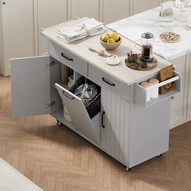 Isola cucina con ruote e cestino dei rifiuti, carrello da cucina con anta a ribalta, ripiano regolabile