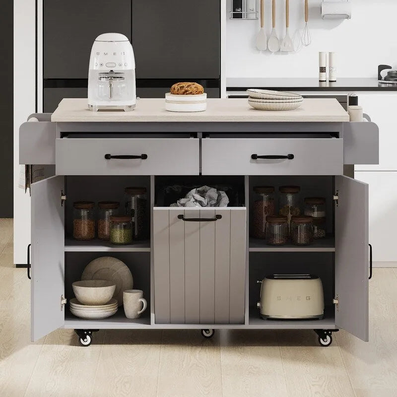 Isola cucina con ruote e cestino dei rifiuti, carrello da cucina con anta a ribalta, ripiano regolabile