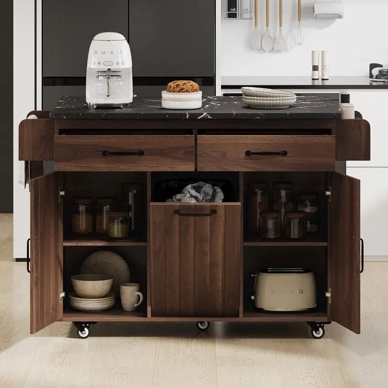 Isola cucina con ruote e cestino dei rifiuti, carrello da cucina con anta a ribalta, ripiano regolabile