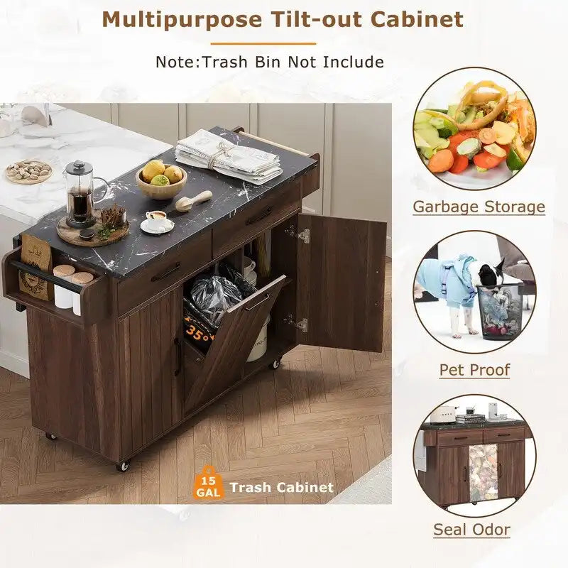 Isola cucina con ruote e cestino dei rifiuti, carrello da cucina con anta a ribalta, ripiano regolabile