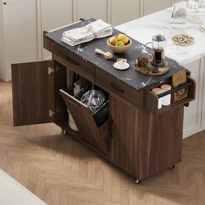 Isola cucina con ruote e cestino dei rifiuti, carrello da cucina con anta a ribalta, ripiano regolabile