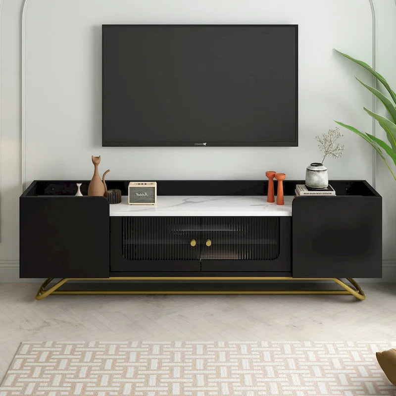 TV-Board mit geriffeltem Glas, Entertainment-Center für Fernseher bis 70 Zoll, TV-Konsole mit Kunstmarmorplatte und goldenem Gestell
